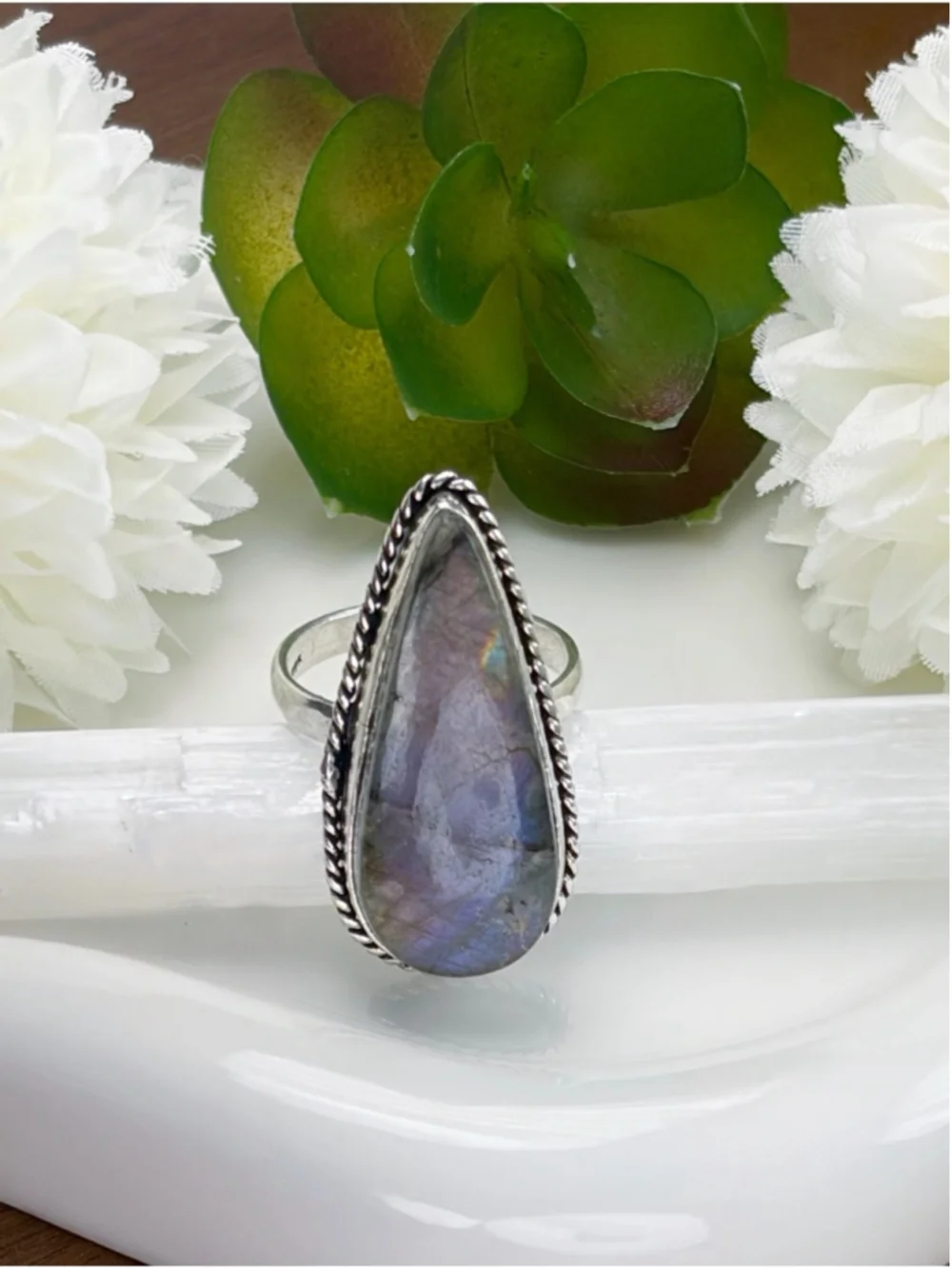 Purple Labradorite Ring Size 9 1/2 9.5 Vintage Style Sterling Silver 925 Overlay